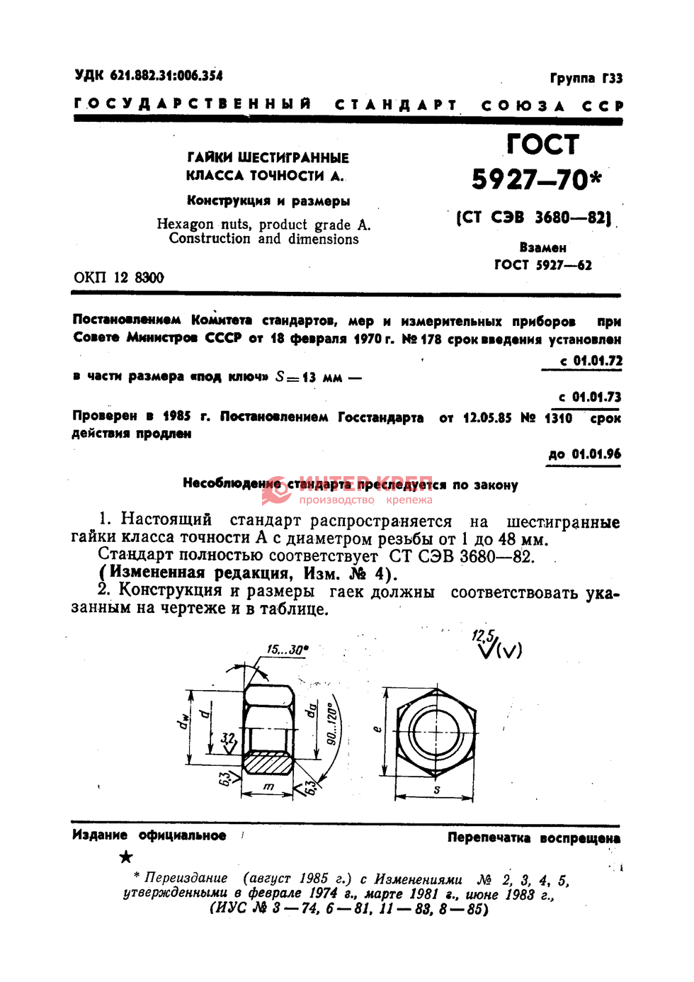 Гайки Шестигранные Класса Точности А ГОСТ 5927-70 Купить В.