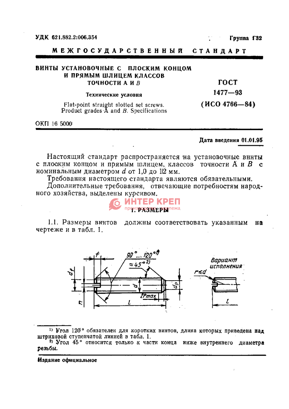 Винты Установочные С Плоским Концом И Прямым Шлицем Классов.